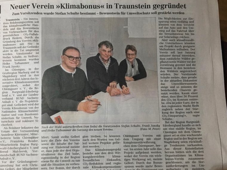 Traunsteiner Tagblatt begleitet die Gründung des Klimabonus e. V.